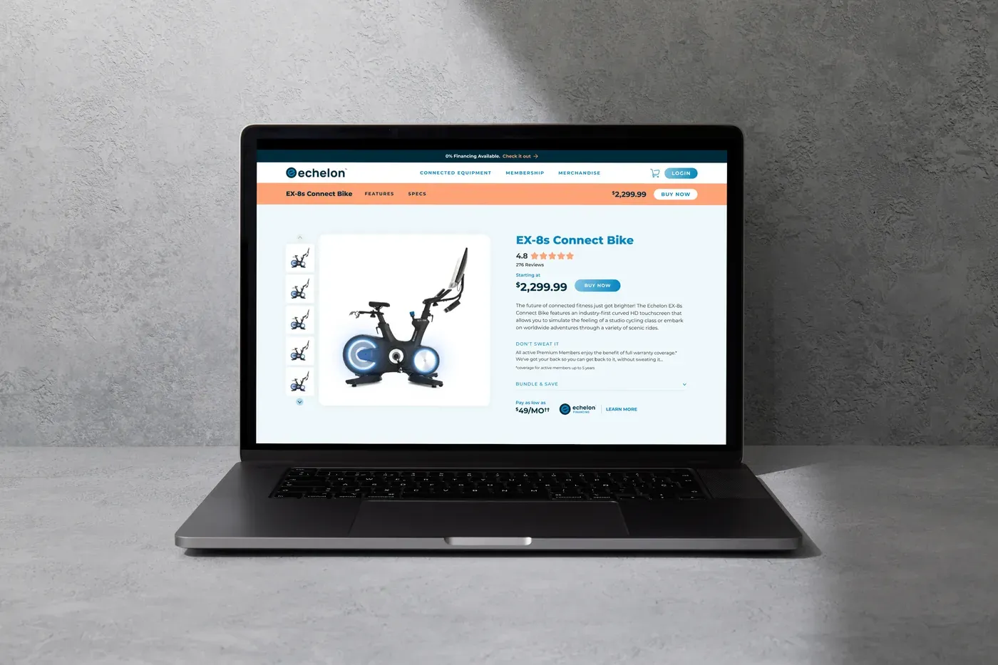 Echelon EX-8s Connect Bike product page shown on a laptop